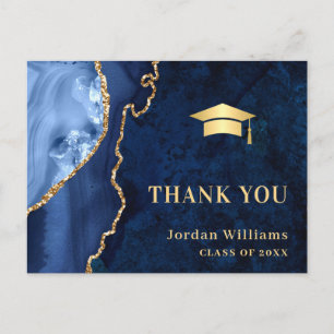 Modern Gold Blue Marble Agate Graduation Thank You Postcard