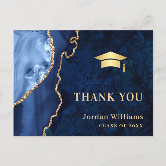 Modern Gold Blue Marble Agate Graduation Thank You Postcard (Front)