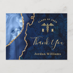 Modern Gold Blue Marble Agate Graduation Thank You Postcard