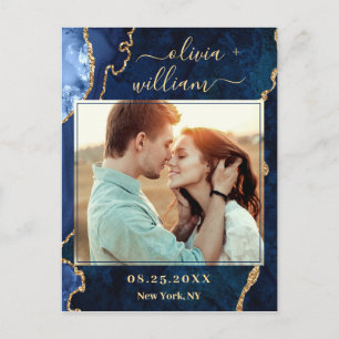 Modern Gold Blue Marble Agate PHOTO Save the Date  Postcard