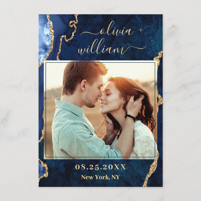 Modern Gold Blue Marble Agate PHOTO Wedding Save The Date (Front)