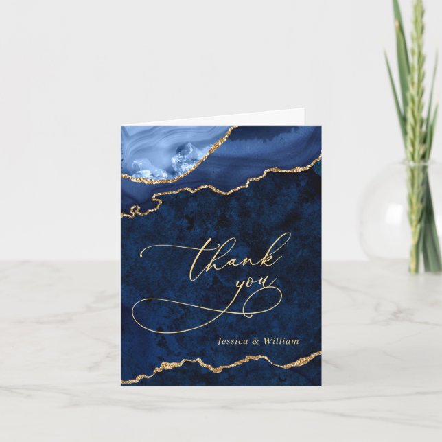 Modern Gold Blue Marble Agate Thank You Card (Front)