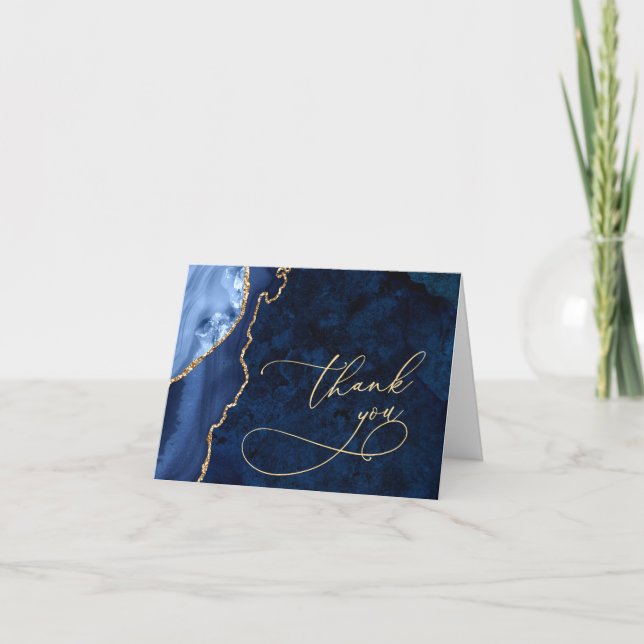 Modern Gold Blue Marble Agate Thank You Card (Front)