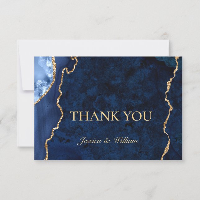 Modern Gold Blue Marble Agate Thank You Card (Front)