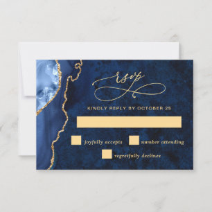Modern Gold Blue Marble Agate Wedding RSVP Card