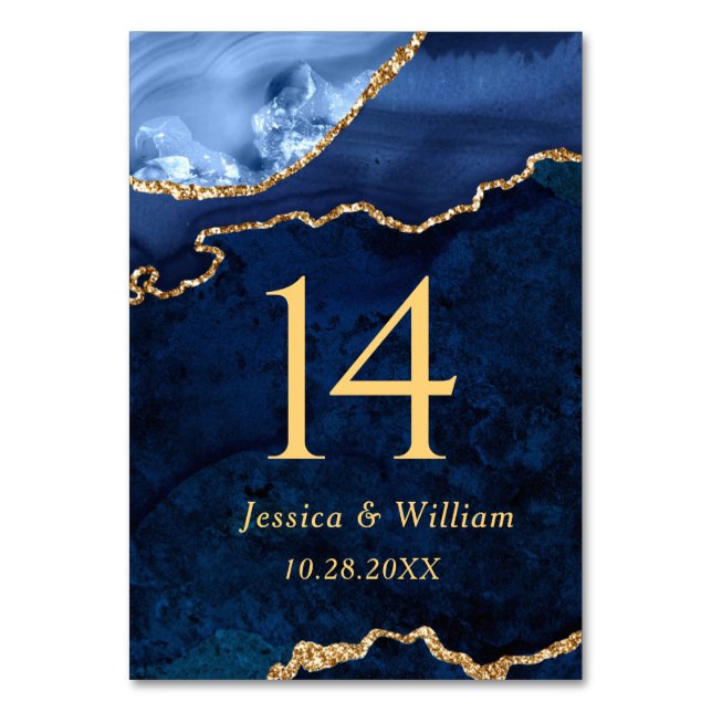 Modern Gold Blue Marble Agate Wedding Table Number (Front)