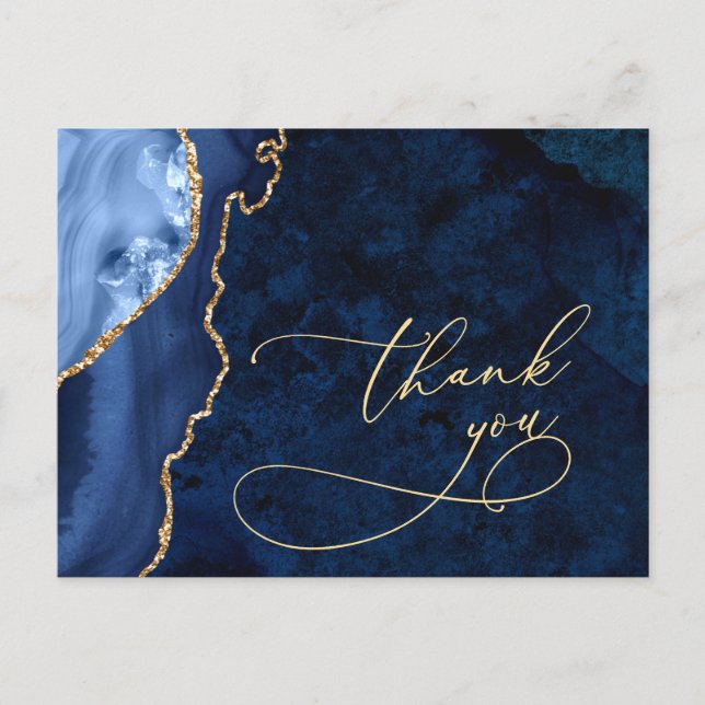 Modern Gold Blue Marble Agate Wedding Thank You Postcard (Front)