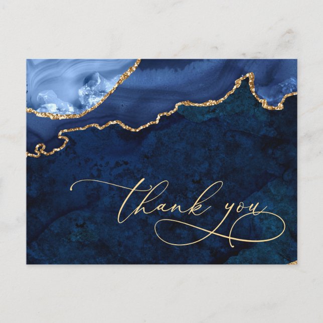 Modern Gold Blue Marble Agate Wedding Thank You Postcard (Front)