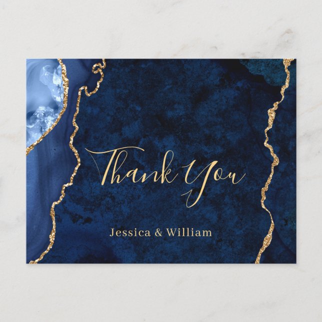 Modern Gold Blue Marble Agate Wedding Thank You Postcard (Front)
