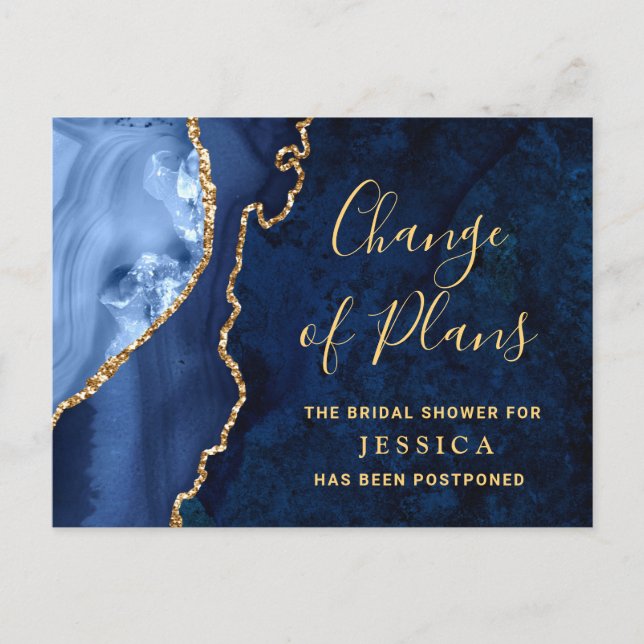 Modern Gold Blue Marble Bridal Shower Postponed Postcard (Front)