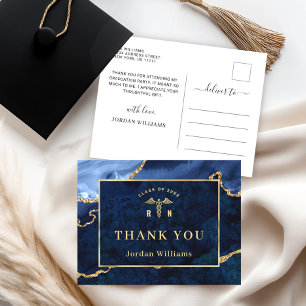 Modern Gold Blue Marble RN Graduation Thank You Postcard