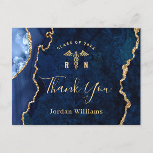 Modern Gold Blue Marble RN Graduation Thank You Postcard