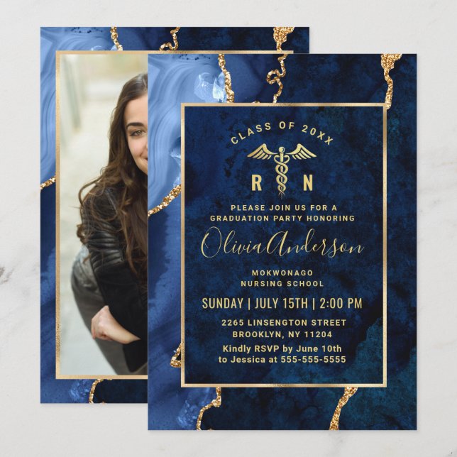 Modern Gold Blue Nursing School Graduation Party Invitation (Front/Back)