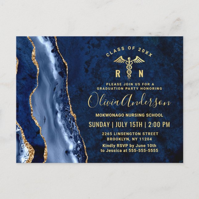 Modern Gold Blue RN Graduation Party Invitation Postcard (Front)