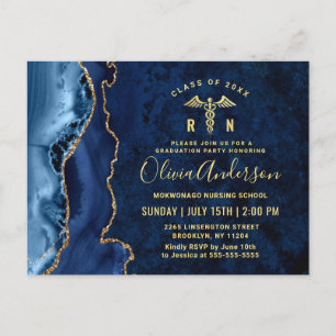 Modern Gold Blue RN Graduation Party Invitation Postcard