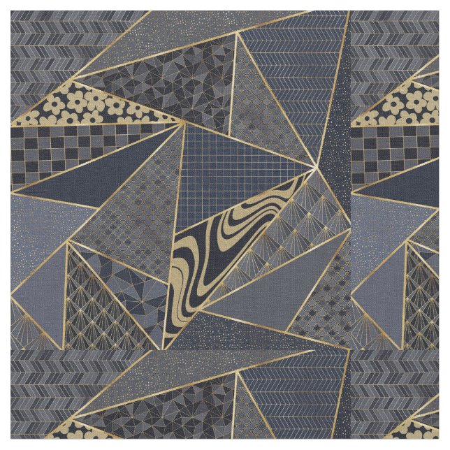 Modern Gold Blue Triangles Geometric pattern Fabric (Close Up)