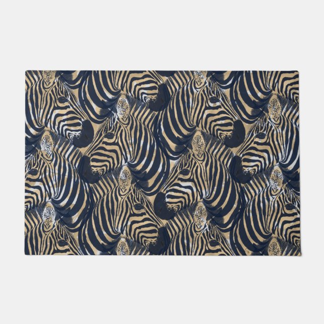 Modern Gold Blue Zebras Print Pattern Doormat (Front)