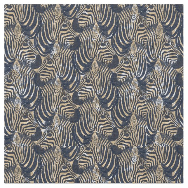 Modern Gold Blue Zebras Print Pattern Fabric (Close Up)