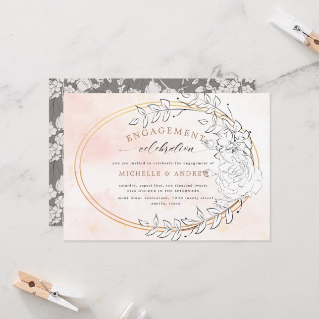 Modern Gold Blush Floral Engagement Invitation (Front/Back In Situ)