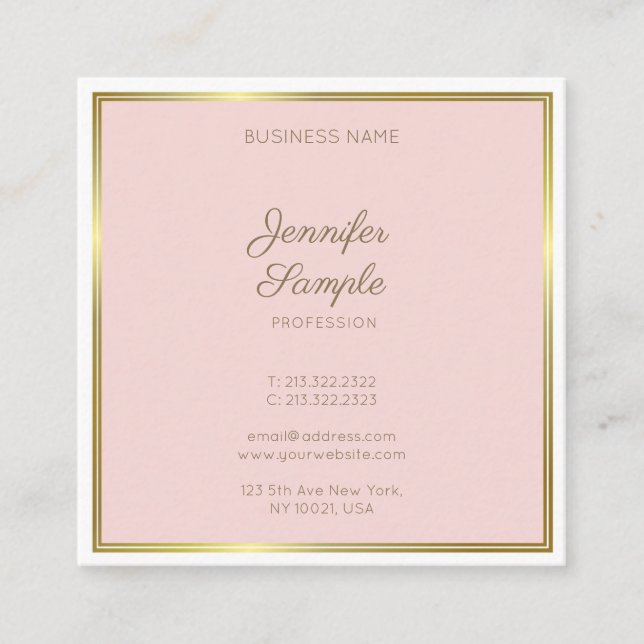 Modern Gold Blush Pink Calligraphy Script Luxury Square Business Card (Front)