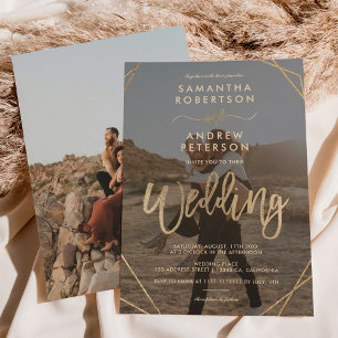 Modern gold boho frame simple photo script wedding invitation
