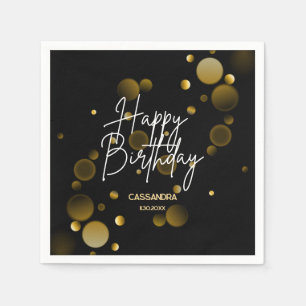 Modern Gold Bokeh Gradient Black Happy Birthday Napkin