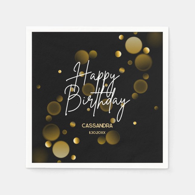 Modern Gold Bokeh Gradient Black Happy Birthday Napkin (Front)