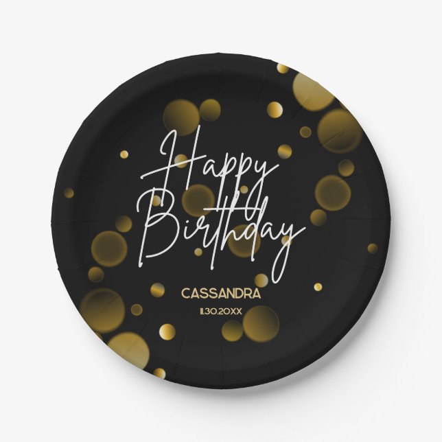 Modern Gold Bokeh Gradient Black Happy Birthday Paper Plate (Front)