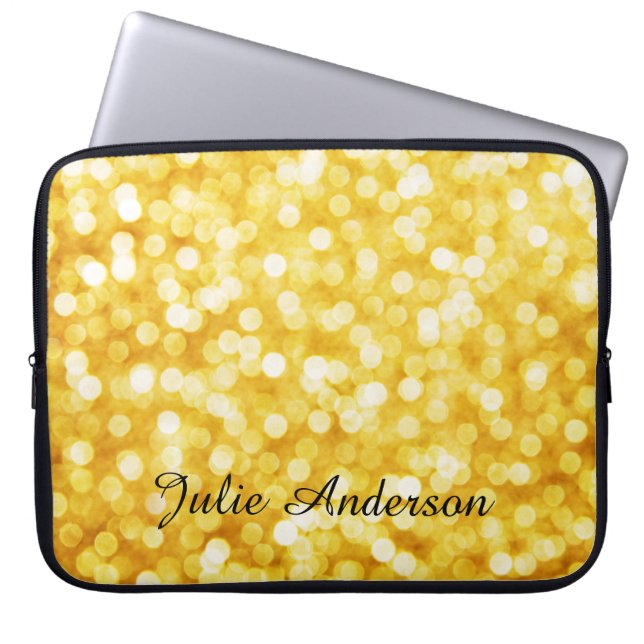 Modern Gold Bokeh with Custom Name Laptop Sleeve (Front)