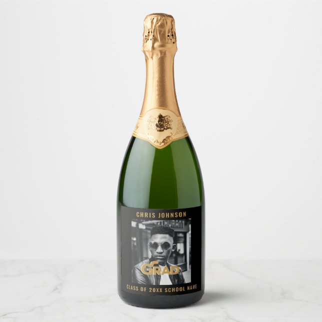 Modern Gold Bold Typography Photo Graduation Party Sparkling Wine Label (Front)