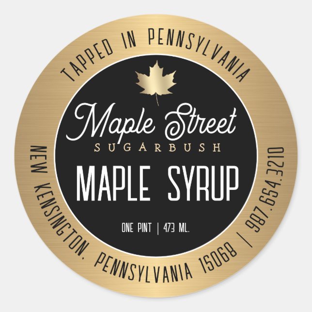 Modern Gold Border and Leaf Maple Syrup Label      (Front)