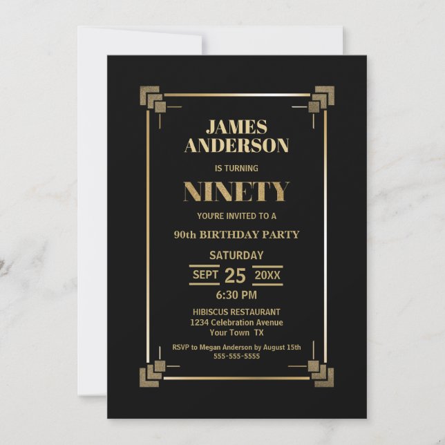 Modern Gold Border Black 90th Birthday Party Invitation (Front)