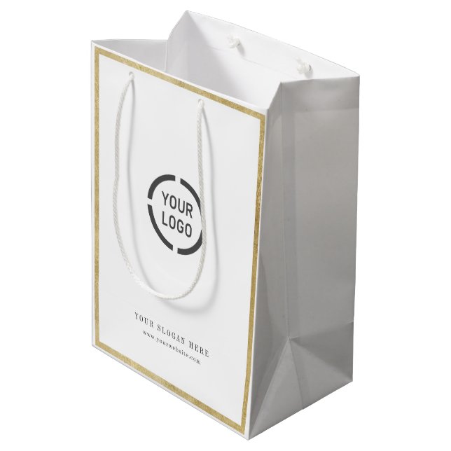 Modern gold border custom logo promotional branded medium gift bag (Back Angled)