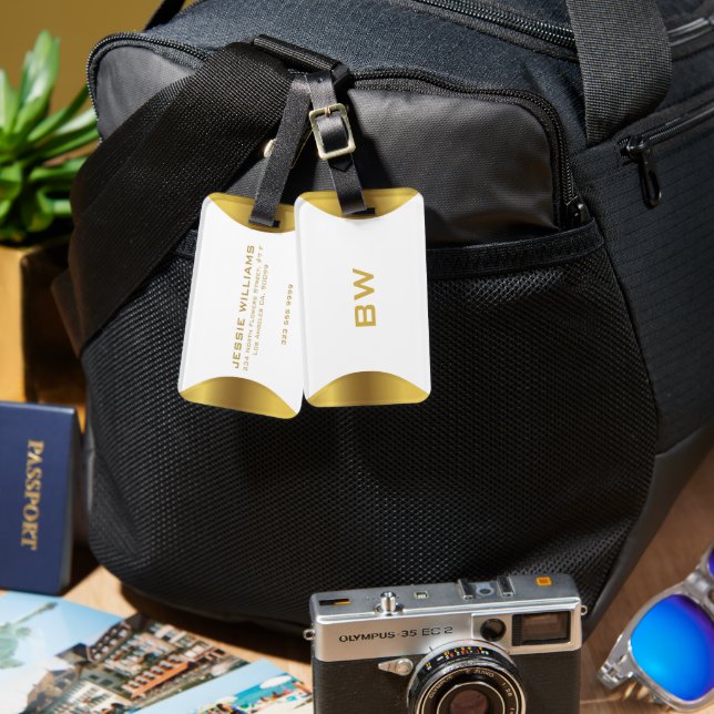 Modern Gold border on white Luggage Tag (Front & Back)
