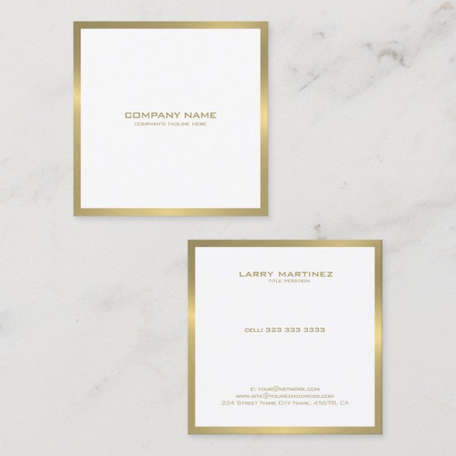 Modern gold border on white square square business card (Front/Back)