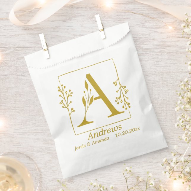 Modern Gold Botanical Letter A  Personalised   Favour Bags (Clipped)