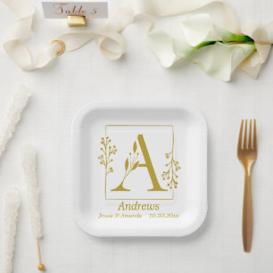 Modern Gold Botanical Letter A  Personalised   Paper Plate