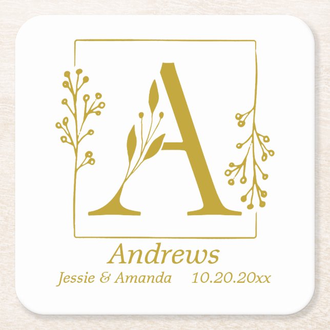 Modern Gold Botanical Letter A  Personalised   Square Paper Coaster (Front)