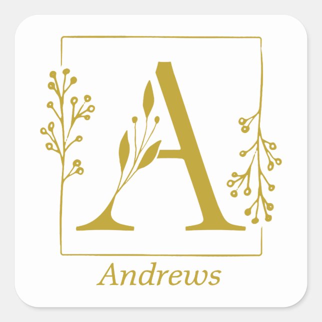 Modern Gold Botanical Letter A Square Sticker (Front)