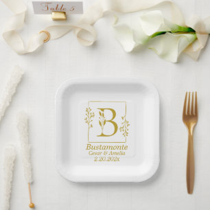 Modern Gold Botanical Letter B Paper Plate