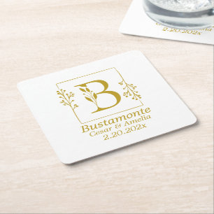 Modern Gold Botanical Letter B    Square Paper Coaster