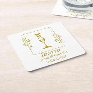 Modern Gold Botanical Letter I Square Paper Coaster