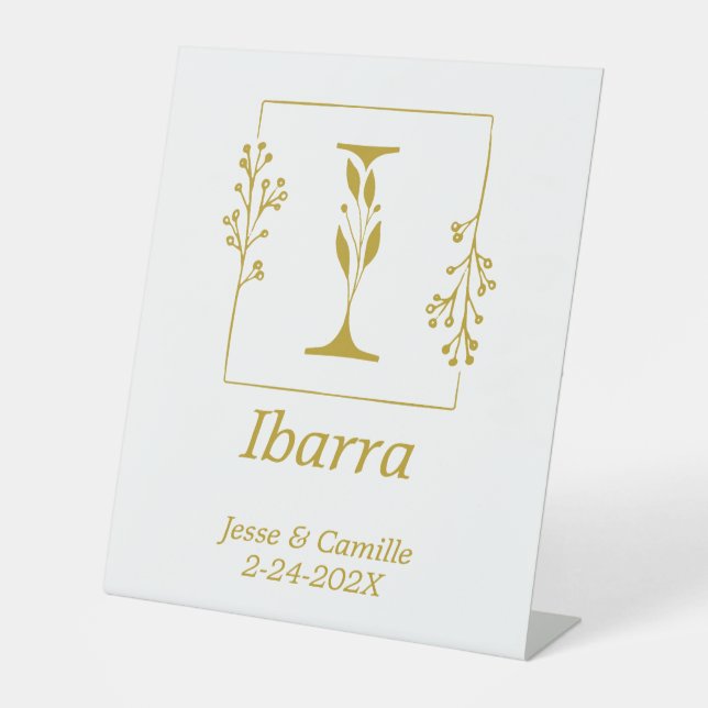 Modern Gold Botanical Letter I  Wedding Pedestal Sign (Front)