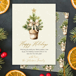 Modern Gold Bow Neutral Watercolor Christmas Tree Holiday Card