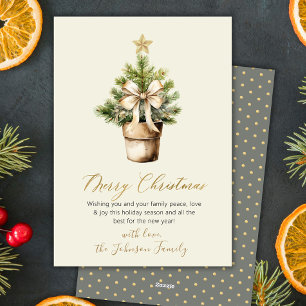 Modern Gold Bow Neutral Watercolor Christmas Tree Holiday Card