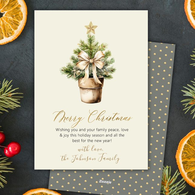 Modern Gold Bow Neutral Watercolor Christmas Tree Holiday Card (Creator Uploaded)