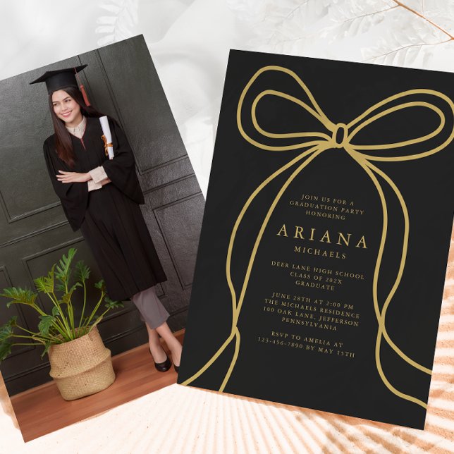 Modern Gold Bow Photo Graduation Party Invitation (Creator Uploaded)