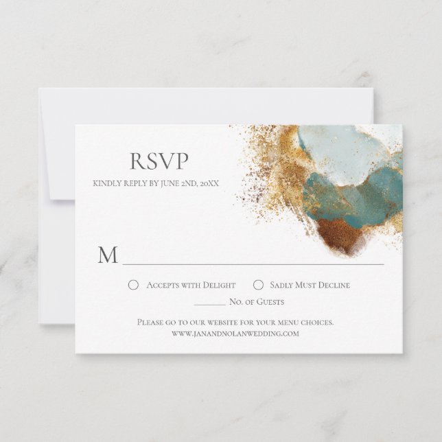 Modern Gold Bronze Teal Watercolor Wash RSVP Card (Front)