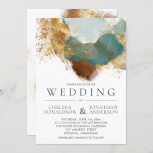 Modern Gold Bronze Teal Watercolor Wash Wedding Invitation