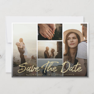 Modern Gold Brush Script Typography with Pictures Save The Date